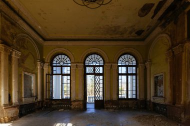 Abandoned ruined interior of railway station in Tskaltubo, Georgia.