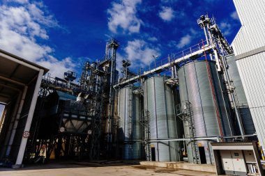 Otomatik tarım tahıl kurutma makinesi ve siloları. Kurutma, temizleme ve depolama tahılları için modern kompleks.