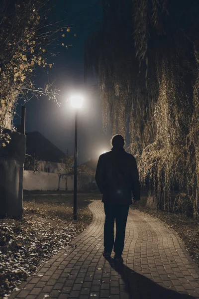Triste Hombre Solo Caminando Por Callejón Parque Niebla Noche —  Fotos de Stock