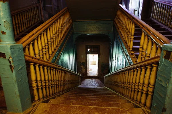 Old Wooden Staircase Dark Abandoned Mansion — Stock Photo, Image