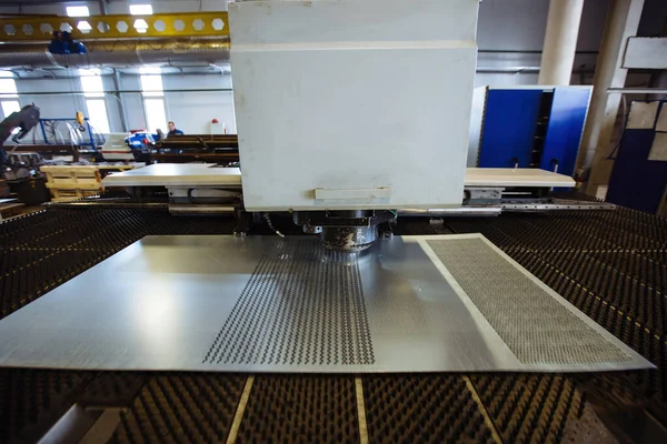 Cnc Punching Nibbling Machine Perforated Steel Sheet Close — Stock Photo, Image