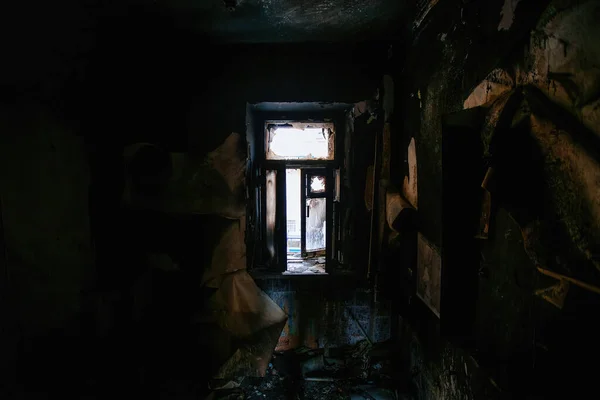 Interior Casa Queimada Paredes Carbonizadas Consequências Fogo — Fotografia de Stock