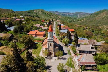 Eski Alman köyü Elisabethtal Assureti, Gürcistan. Lüteriyen Kurtarıcı Kilisesi, hava manzarası.