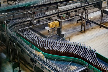 Modern otomatik bira şişeleme üretim hattı. Konveyör üzerinde hareket eden bira şişeleri.