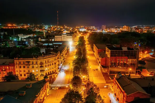 Wladikawkas Hauptstadt Nordossetiens Historische Innenstadt Nachts Von Der Drohne Aus Stockbild