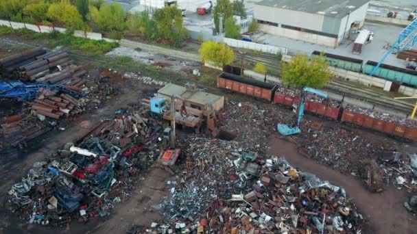 Metal Recycling Industry Drone Aerial View Scrap Yard — Stock Video
