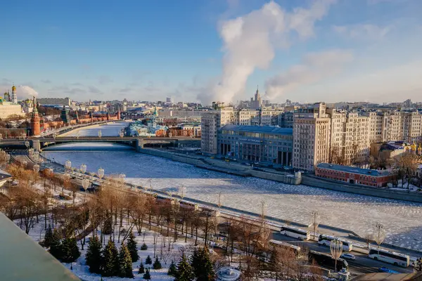 Aerial Moscow skyline in sunny winter day.