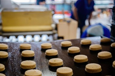 Fırın üretim hattı. Konveyörle fırına verildikten sonra çiğ pişmemiş kurabiyeler.