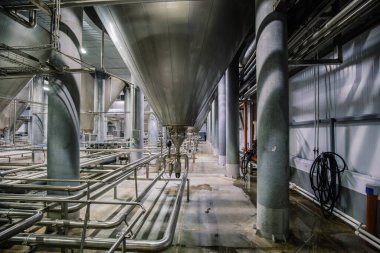 Modern bira fabrikasında fermantasyon için büyük endüstriyel paslanmaz çelik fıçılar..