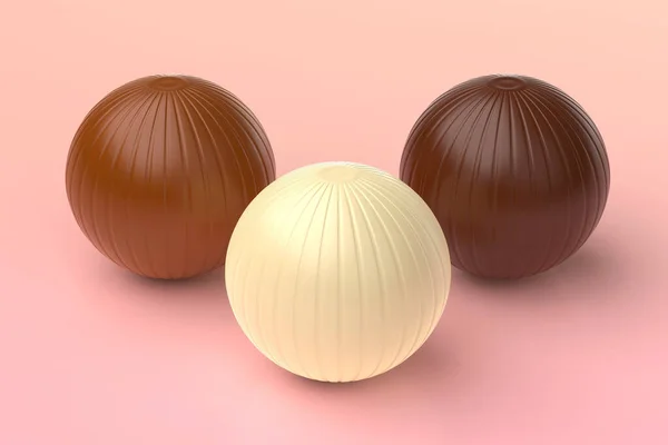 Weiße Milchige Und Dunkle Schokoladenkugeln Auf Rosa Hintergrund — Stockfoto