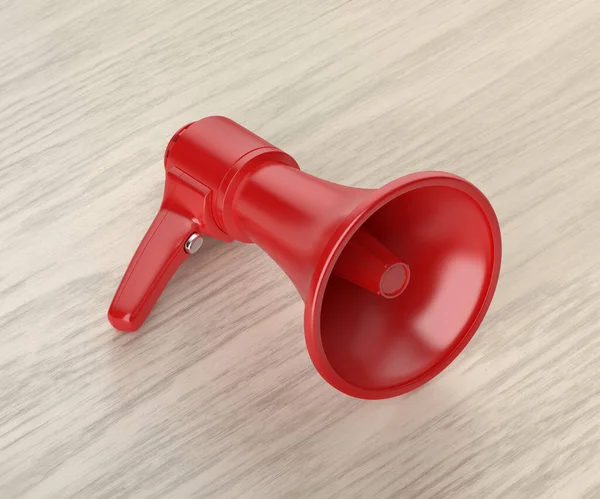 Red Electric Megaphone Wooden Desk — Stock Photo, Image