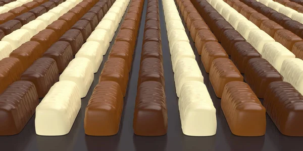 Viele Reihen Mit Pralinen Aus Dunkler Weißer Und Milchschokolade — Stockfoto