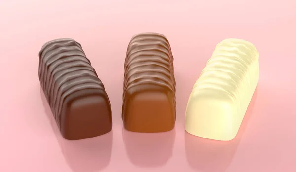 Mörk Mjölk Och Vit Choklad Praliner Glänsande Rosa Bakgrund — Stockfoto