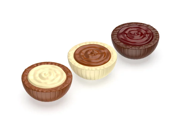 Witte Donkere Melkchocolade Snoepjes Met Verschillende Vullingen Binnenin — Stockfoto