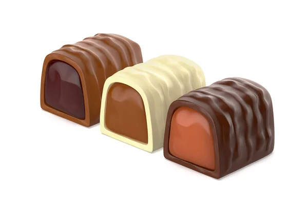 Fehér Étkezési Tejcsokoládé Bonbonok Karamellel Cseresznyével Csokoládé Krémmel — Stock Fotó
