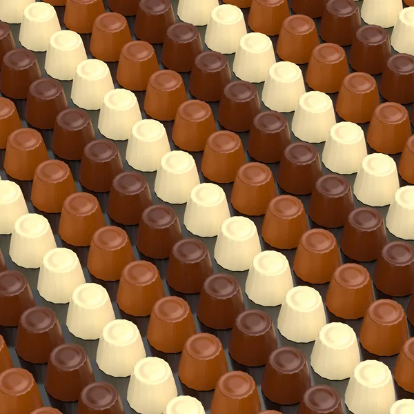 Molte File Con Praline Cioccolato Fondente Bianco Latte — Foto Stock