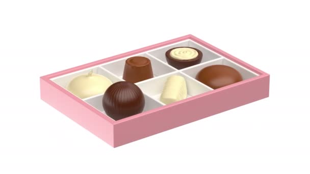 Κουτί Έξι Διαφορετικές Καραμέλες Σοκολάτας Λευκό Φόντο — Αρχείο Βίντεο
