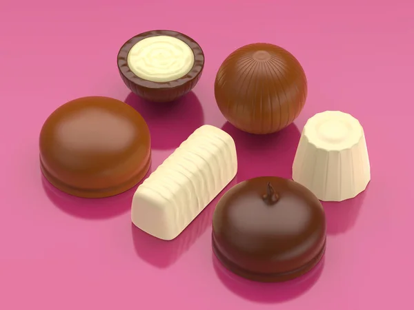 Caramelos Chocolate Surtidos Sobre Fondo Rosa Brillante — Foto de Stock