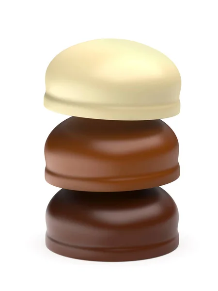 Tre Olika Choklad Belagda Marshmallows Vit Bakgrund — Stockfoto