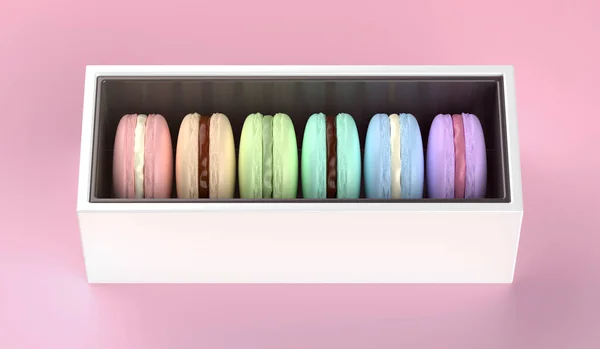 Weiße Schachtel Mit Sechs Französischen Macarons Verschiedenen Farben Und Geschmacksrichtungen — Stockfoto