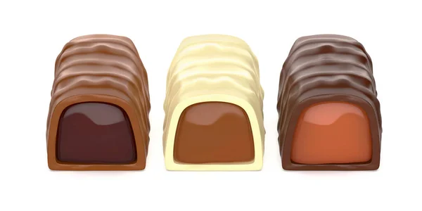 Fehér Étcsokoládé Tejcsokoládé Bonbonok Karamellel Cseresznyével Csokoládéval — Stock Fotó