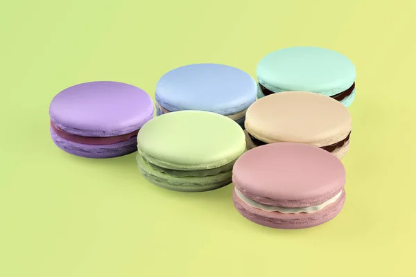 Šest Francouzských Macaronů Různými Barvami Příchutěmi Zeleném Pozadí — Stock fotografie