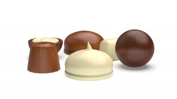 Caramelos Chocolate Surtidos Sobre Fondo Blanco — Vídeos de Stock