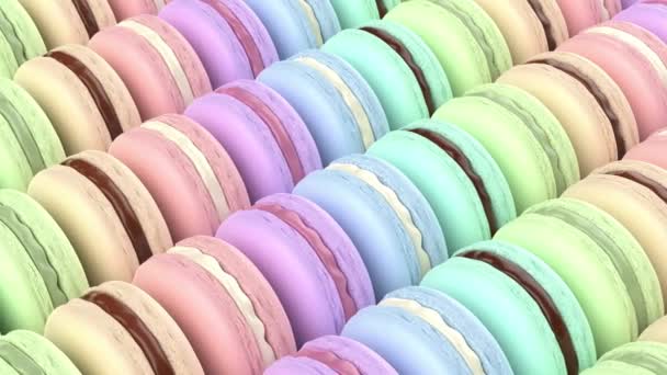 Vele Rijen Met Franse Macarons Met Verschillende Kleuren Smaken — Stockvideo