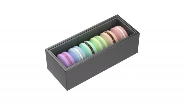 Black Box Six French Macarons Different Colors Flavors White Background — Stock Video