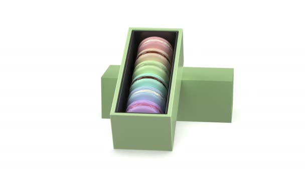 緑の箱6種類のフランスのマカロン — ストック動画