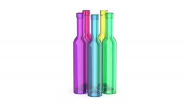 Five tall empty glass bottles with different colors