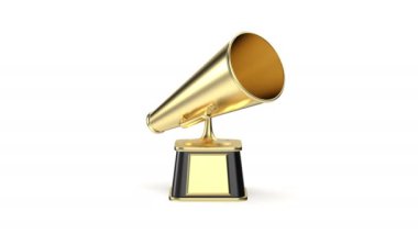 Retro megaphone gold trophy on white background, front view