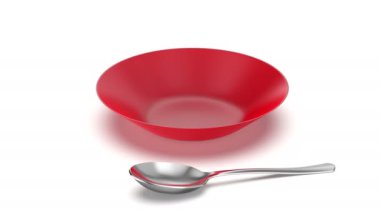 Red empty bowl and silver spoon on white background