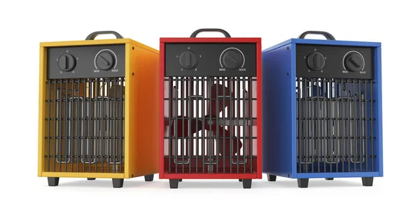 Tre Riscaldatori Elettrici Industriali Ventola Con Colori Diversi — Foto Stock