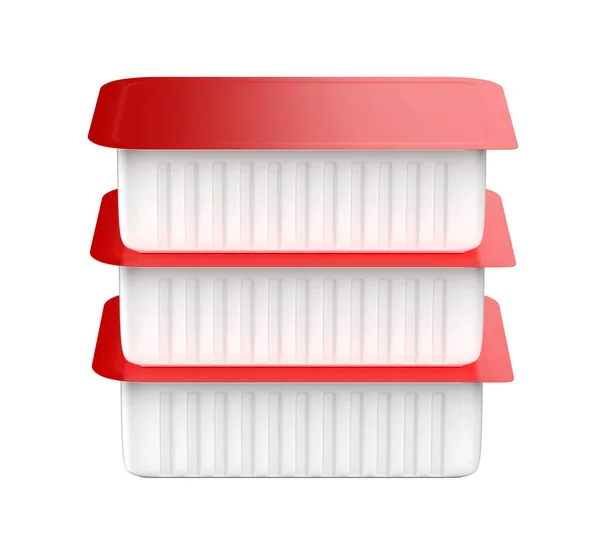 Trzy Plastikowe Pojemniki Czerwonymi Pokrywkami Różnych Rodzajów Żywności — Zdjęcie stockowe