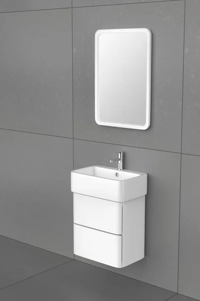 Väggmonterad Tvättställsskåp Med Silverkran Och Belyst Spegel — Stockfoto