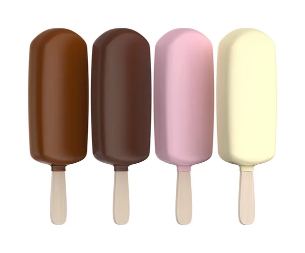 白い背景に4つのチョコレートで覆われたアイスクリーム — ストック写真