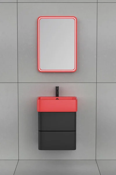 Röd Och Svartfärgad Modern Vägghängd Tvättställsskåp Med Blandare Och Spegel — Stockfoto