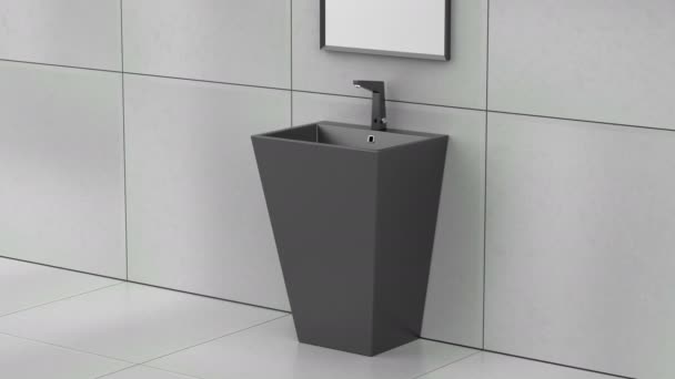Lavabo Montado Suelo Negro Con Grifo Del Sensor Espejo Baño — Vídeo de stock