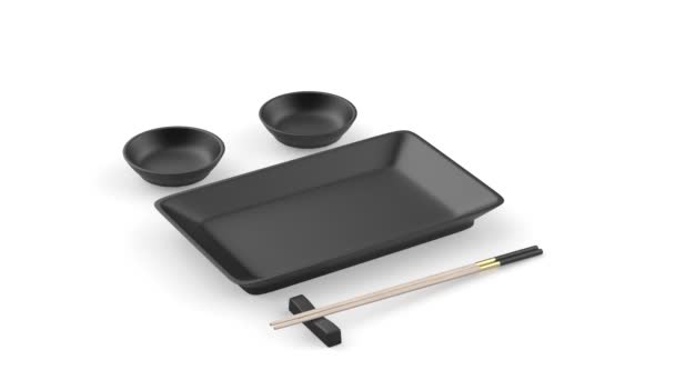 Pair Chopsticks Empty Black Plates Sushi Ginger Wasabi Soy Sauce — Stock Video