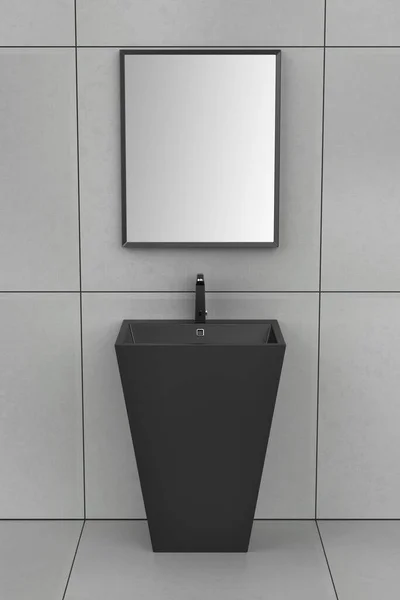 Μαύρο Πάτωμα Τοποθετείται Νιπτήρα Βρύση Αισθητήρα Και Καθρέφτη Στο Μπάνιο — Φωτογραφία Αρχείου