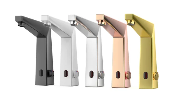 Five Bathroom Automatic Sensor Faucets Different Colors Materials White Background — Stock Fotó