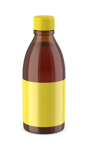 Butelka Bursztynowego Szkła Żółtą Ślepą Etykietą Pełna Syropu Kaszel — Zdjęcie stockowe