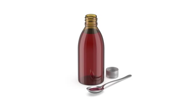 Cough Medicine Syrup Bottle Spoon White Background — Stock Video