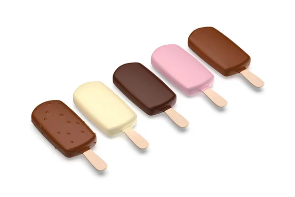 白の背景に隔離された5つの異なるチョコレートアイスクリームのグループ — ストック写真