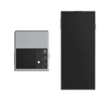 Beyaz arka planda izole edilmiş, katlanmış ve açık akıllı telefonların ön görünümü