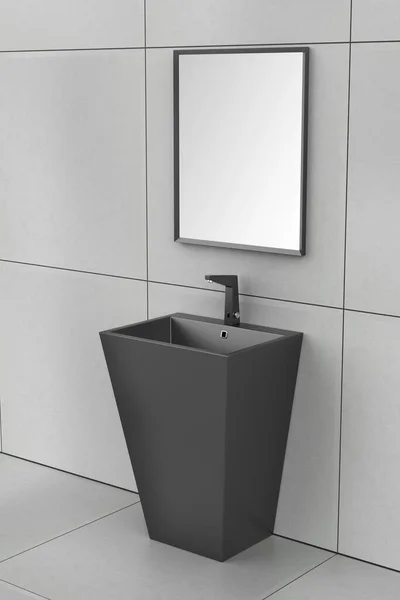 浴室にセンサー蛇口とミラー付きブラックフロアマウント洗面台 — ストック写真