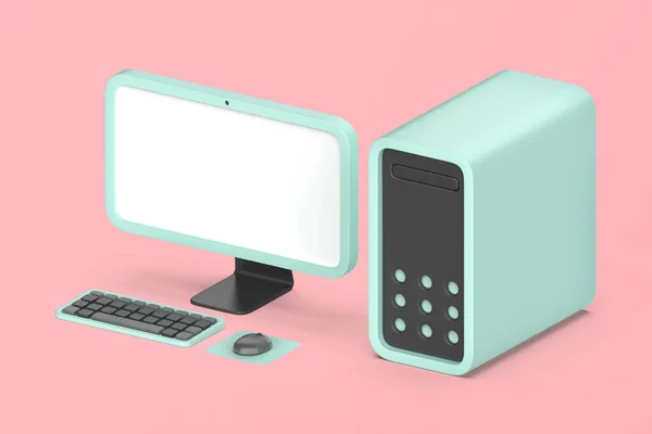 モニター ワイヤレスキーボードとピンクの背景にマウスを持つシンプルなデスクトップコンピュータ — ストック写真