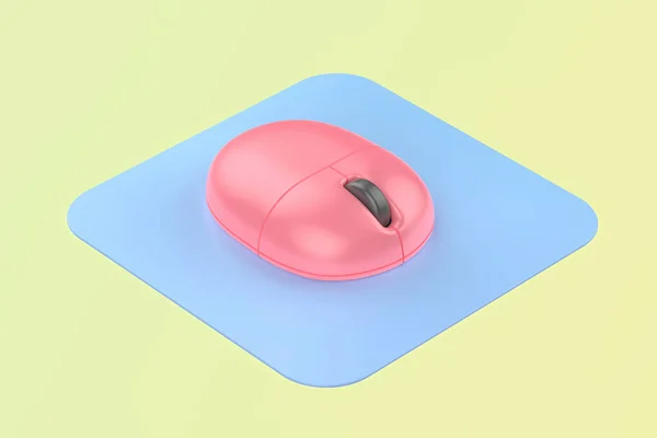 粉色无线鼠标 蓝色鼠标垫 绿色背景 — 图库照片