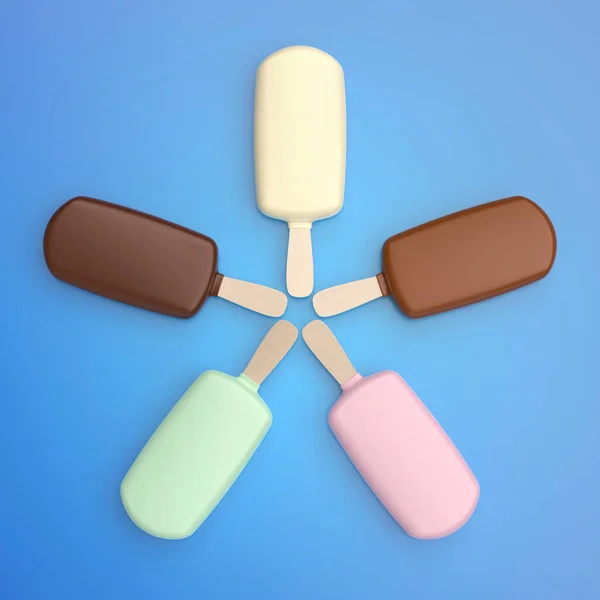 青の背景に5つの異なるチョコレートアイスクリーム — ストック写真